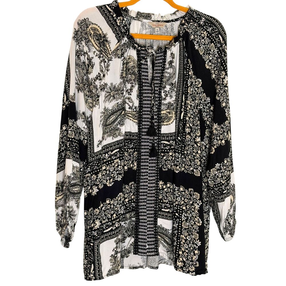 Casa Cabana Boho Blouse Shirt Top Tunic Mixed Print Black White XL